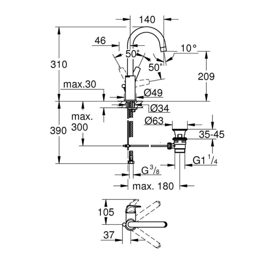 GROHE 23811000 - Wastafelkraan START FLOW 310 mm glanzend chroom