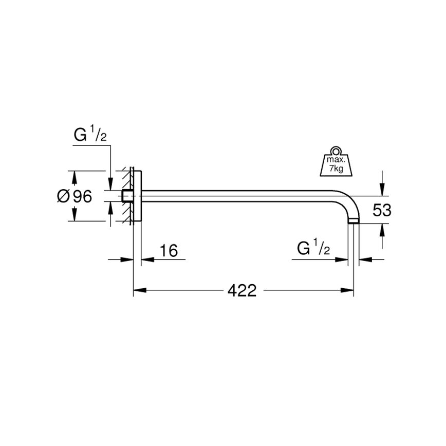 GROHE 26146000 - Bras de douche RAINSHOWER 422 mm, chrome brillant
