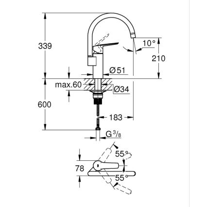 GROHE 30469000 - Mitigeur d'évier START, bec haut, chrome brillant