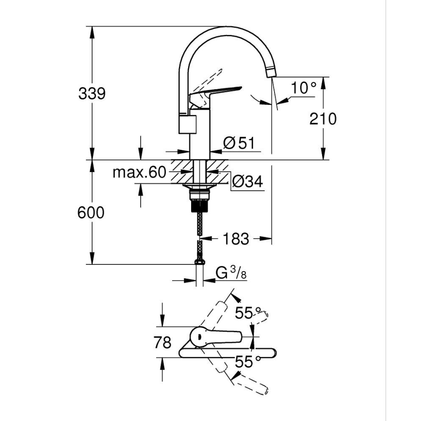 GROHE 30469000 - Mitigeur d'évier START, bec haut, chrome brillant