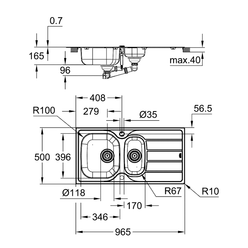 GROHE 31564SD1 - Keukenspoelbak K200 965 × 500 mm RVS