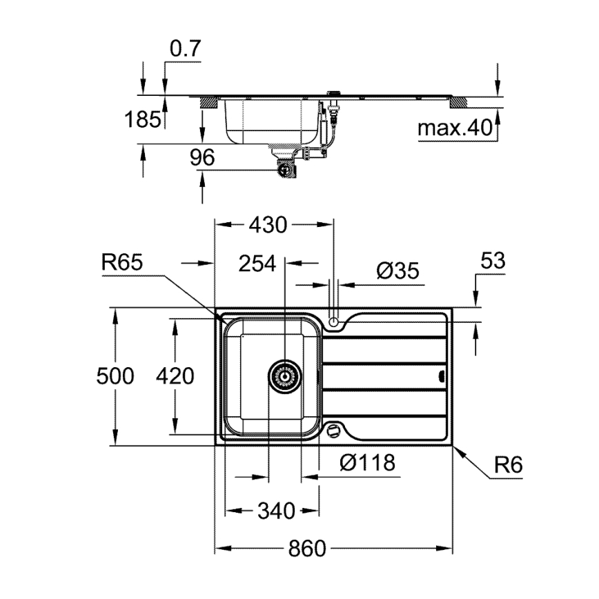 GROHE 31573SD1 - Set keukenspoelbak K500 met afdruipplaat en kraan A, 86×50 cm, roestvrij staal