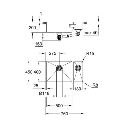 GROHE 31575SD1 - Évier de cuisine K700U 760 × 450 mm en acier inoxydable