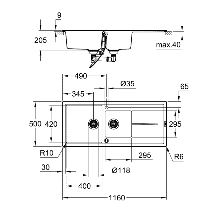 GROHE 31643AP0 - Évier composite K400 1160 × 500 mm noir