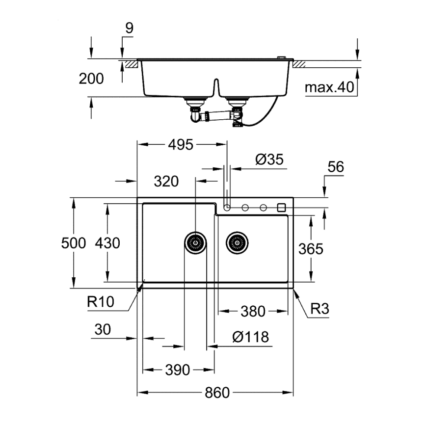 GROHE 31649AP0 - Keukenspoelbak K500 860 × 500 mm graniet/zwart