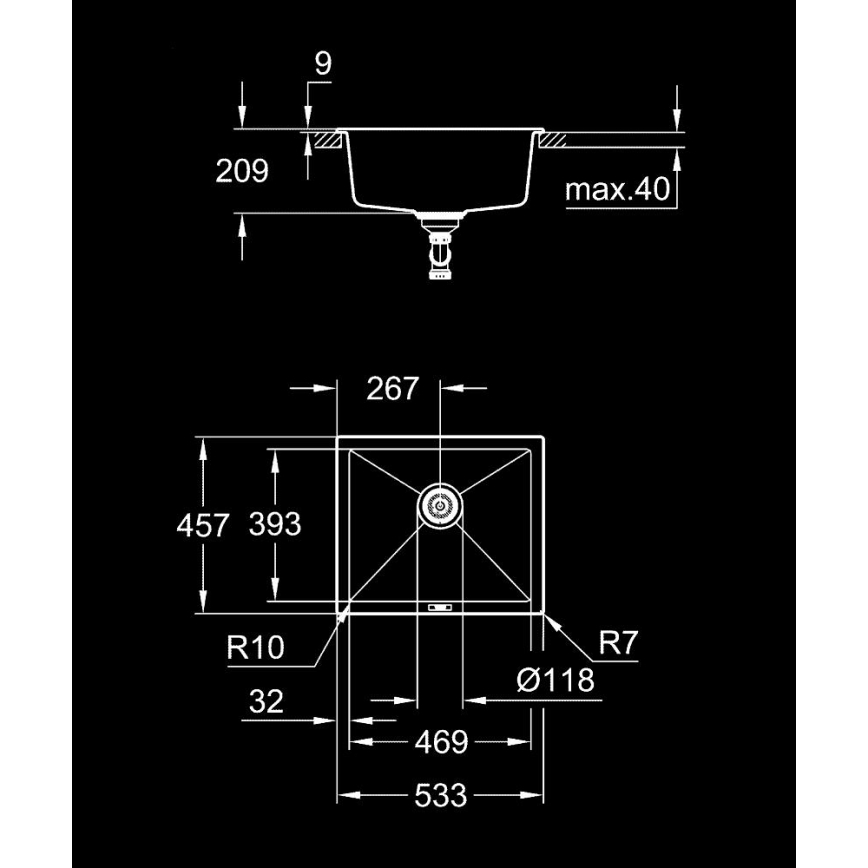 GROHE 31654AP0 - Spoelbak K700U 533 × 457 mm zwart graniet/zwart