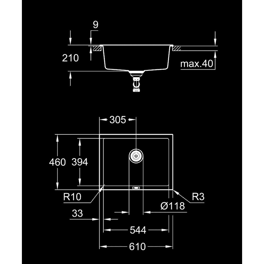 GROHE 31655AP0 - Composiet spoelbak K700U 610 × 460 mm, zwart