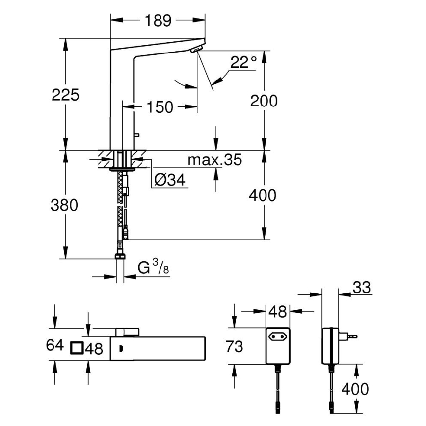 GROHE 36440000 - Infrarood elektronische wastafelkraan EUROCUBE E DN 15 chroom