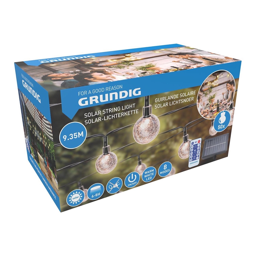 Grundig - LED dimbare solarverlichting 50xLED/8 functies 9,35m warm wit 1200 mAh + afstandsbediening