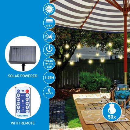 Grundig - LED dimbare solarverlichting 50xLED/8 functies 9,35m warm wit 1200 mAh + afstandsbediening