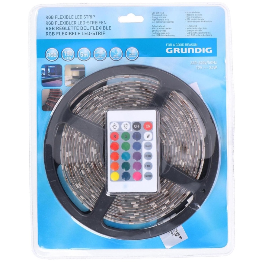 Grundig - LED RGB dimbare strip 5m LED/24W/230V + afstandsbediening IP44