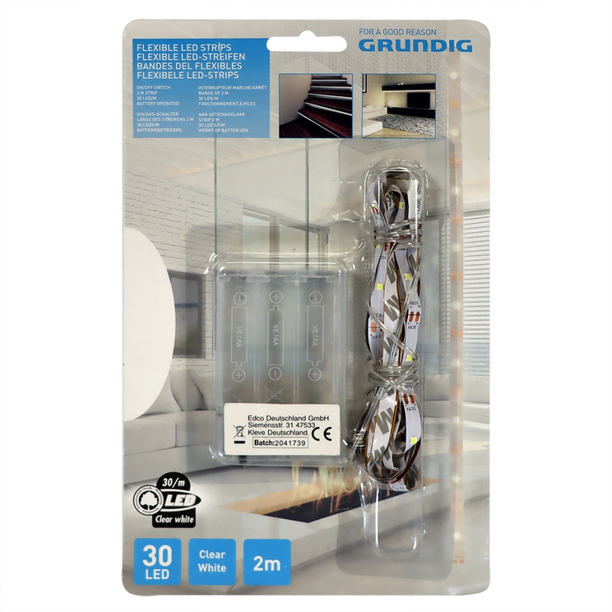 Grundig - LED Strip 2m LED/3xAA daglicht wit
