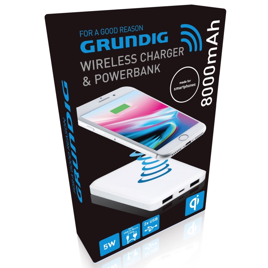 Grundig - Power Bank 8000 mAh/5V met draadloos opladen