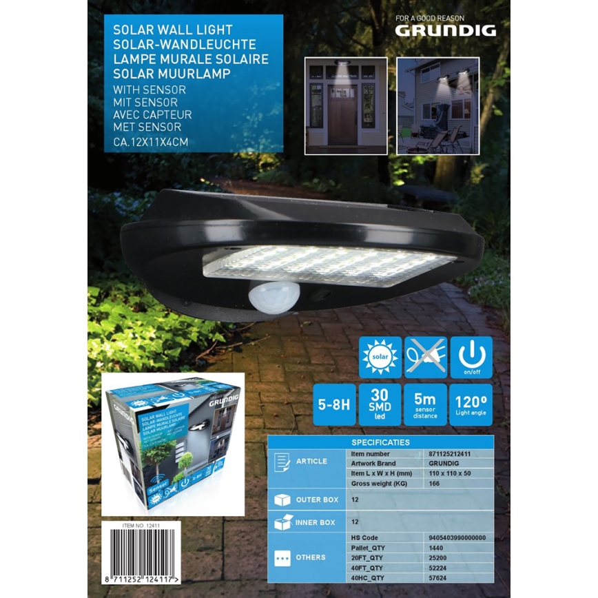 Grundig - SET 2x Applique murale solaire LED avec détecteur LED/3,2V