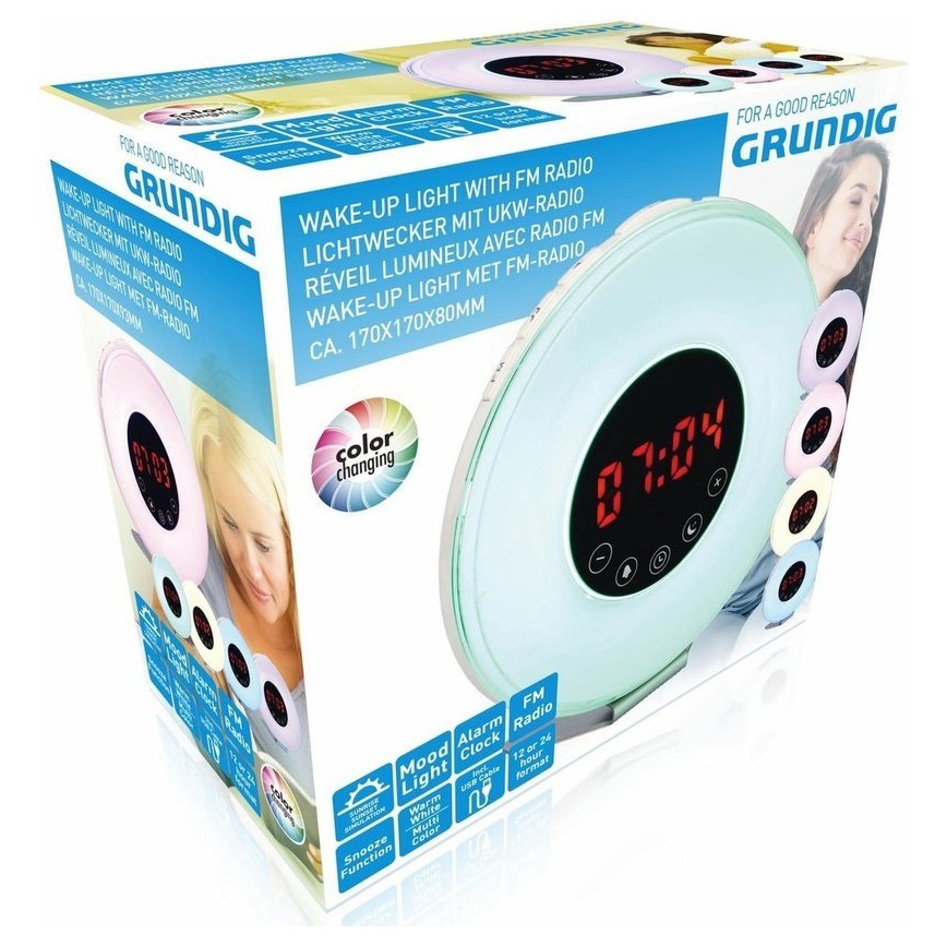 Grundig - Veilleuse RVB à intensité variable avec alarme et radio FM LED/5W/5V