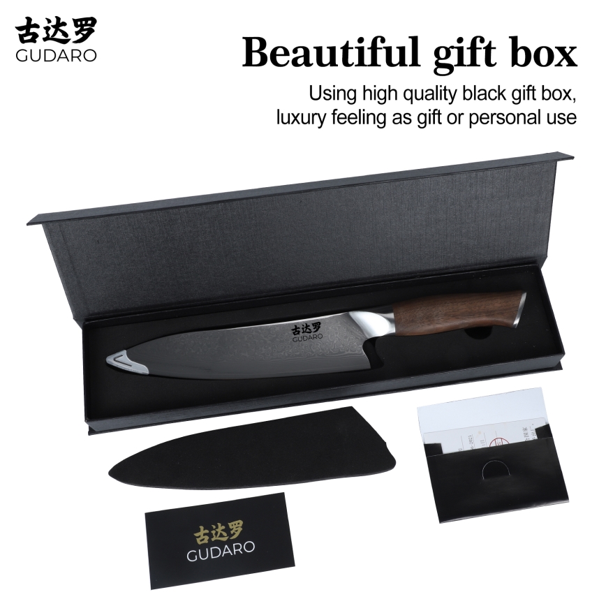 Gudaro - Couteau de chef en acier damassé TAKUMI 8, 67 couches d'acier, longueur 20 cm, noyer