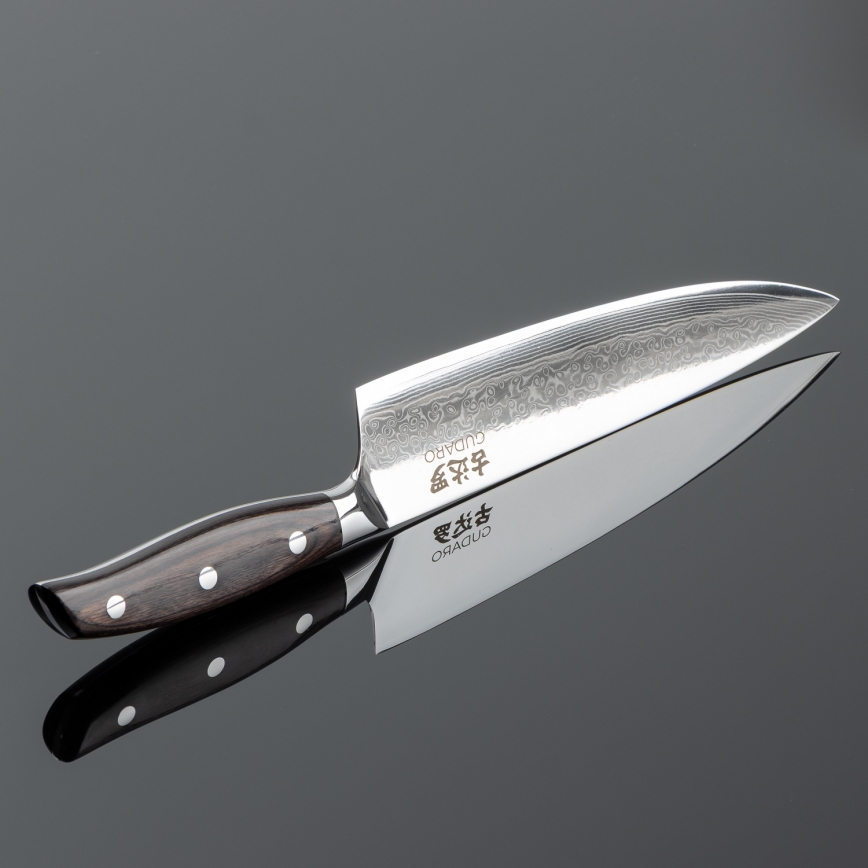 Gudaro - Couteau de chef en acier damassé SHIRO 8, 67 couches d'acier, longueur 20 cm
