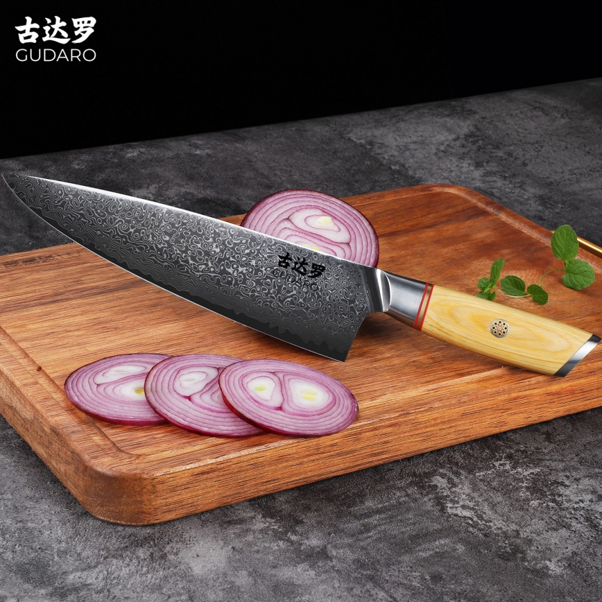 Gudaro - Couteau de chef HIKARI 8, en acier damassé (67 couches), longueur de lame 20 cm