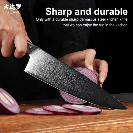 Gudaro - Couteau de chef HIKARI 8, en acier damassé (67 couches), longueur de lame 20 cm