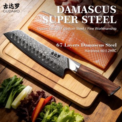 Gudaro - Couteau de cuisine Santoku TAKUMI 7, en acier damassé, 67 couches d'acier, longueur 17,5 cm, poignée en noyer