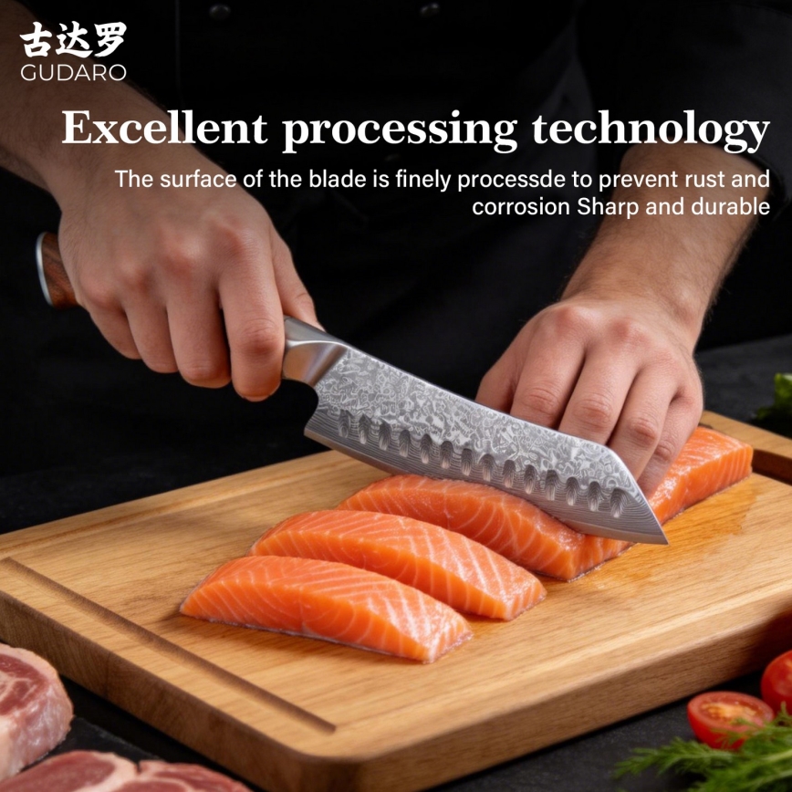 Gudaro - Couteau de cuisine Santoku TAKUMI 7, en acier damassé, 67 couches d'acier, longueur 17,5 cm, poignée en noyer