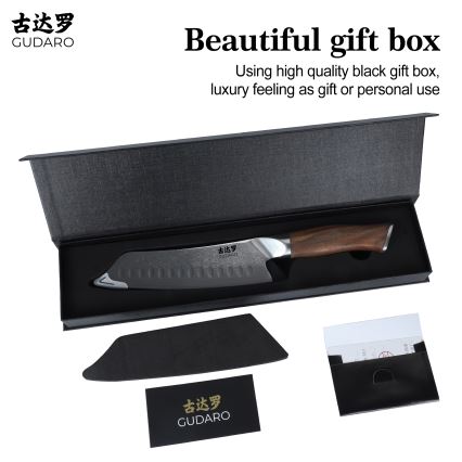 Gudaro - Couteau de cuisine Santoku TAKUMI 7, en acier damassé, 67 couches d'acier, longueur 17,5 cm, poignée en noyer
