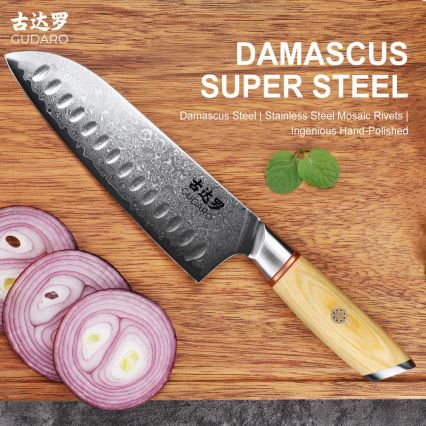 Gudaro - Couteau de cuisine Santoku damassé HIKARI 7, 67 couches d'acier, longueur 17,5 cm