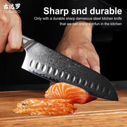 Gudaro - Couteau de cuisine Santoku damassé HIKARI 7, 67 couches d'acier, longueur 17,5 cm