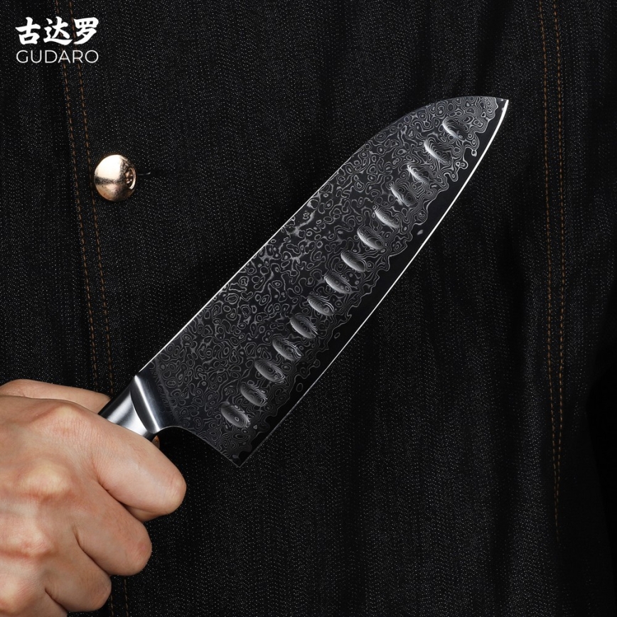 Gudaro - Couteau de cuisine Santoku damassé HIKARI 7, 67 couches d'acier, longueur 17,5 cm