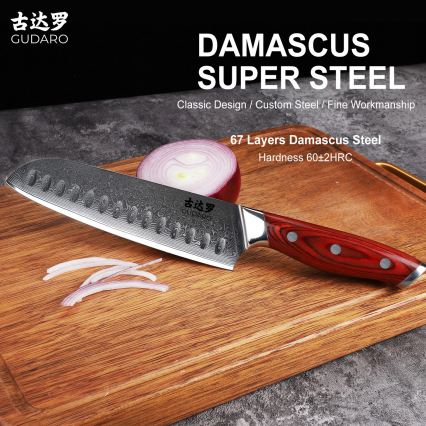 Gudaro - Couteau de cuisine Santoku damassé KENSHO 7, 67 couches d'acier, longueur 17,5 cm
