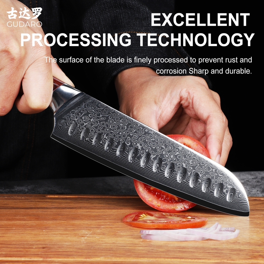 Gudaro - Couteau de cuisine Santoku damassé KENSHO 7, 67 couches d'acier, longueur 17,5 cm