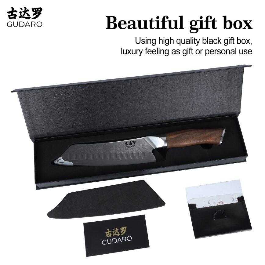 Gudaro - Damaststalen Santoku-keukenmes TAKUMI 7, 67-laags staal, lengte 17,5 cm, walnoothout