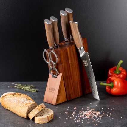 Gudaro - Ensemble de 5 couteaux de cuisine en acier damassé TAKUMI + support pour couteaux et ciseaux à volaille