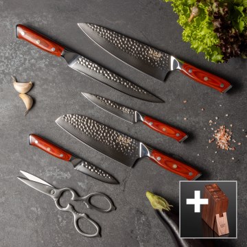 Gudaro - Ensemble de 5 couteaux de cuisine MIYABI en acier damassé + bloc à couteaux et ciseaux à volaille