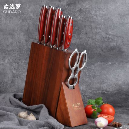 Gudaro - Ensemble de 7 couteaux de cuisine KENSHO avec bloc en acacia