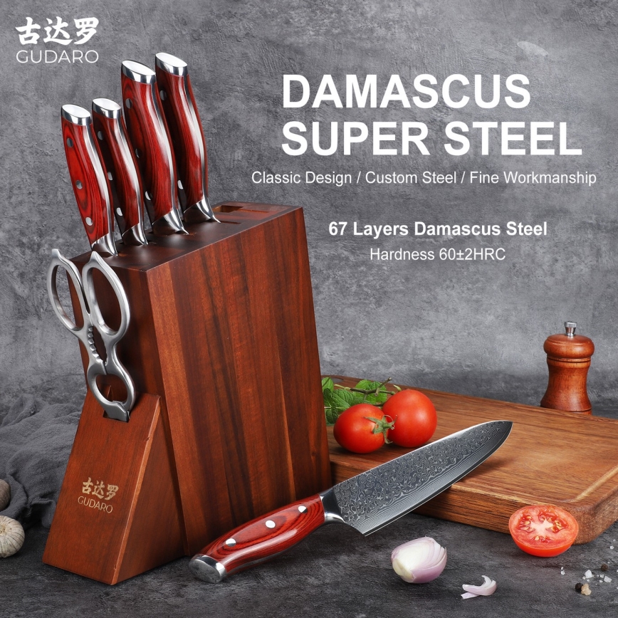 Gudaro - Ensemble de 7 couteaux de cuisine KENSHO avec bloc en acacia