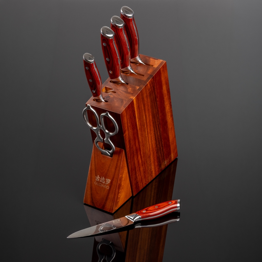 Gudaro - Ensemble KENSHO de 7 couteaux de cuisine avec bloc en acacia