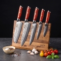 Gudaro - Lot de 5 couteaux de cuisine en acier damassé MIYABI + support magnétique