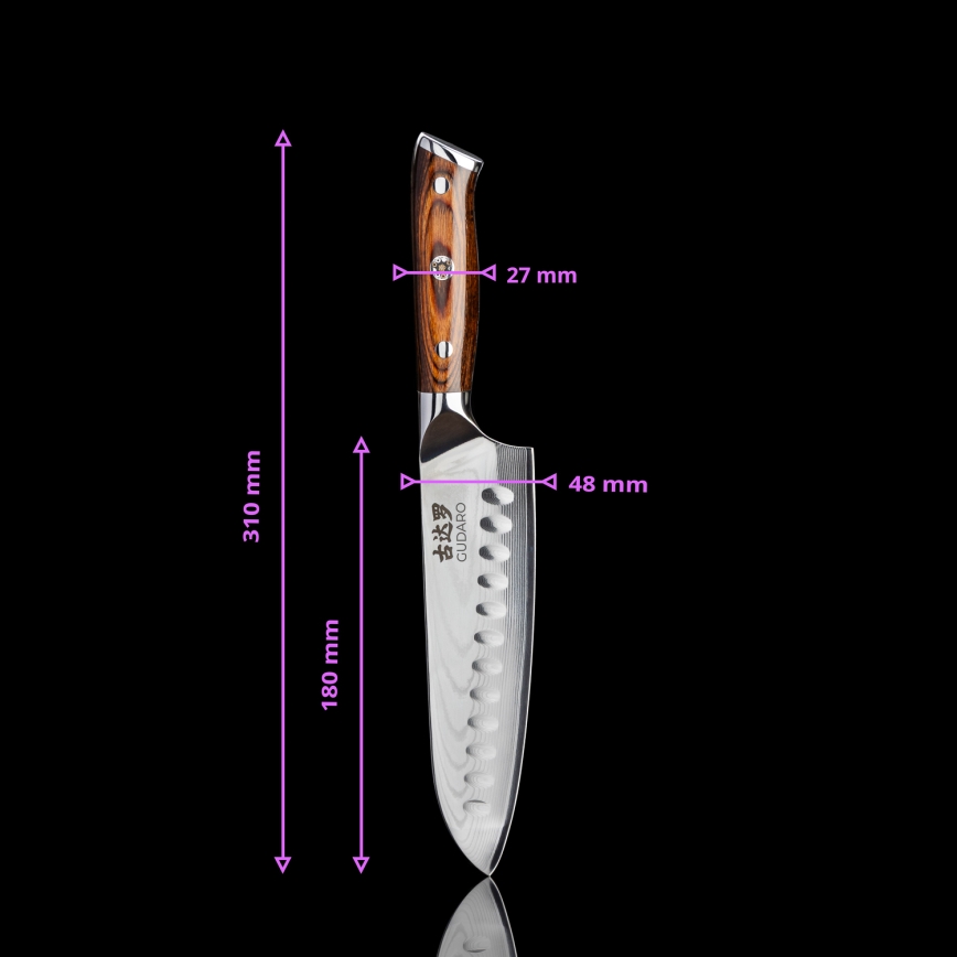 Gudaro - ENSEMBLE 1x couteau de chef en acier damassé FENG 8, 67 couches d'acier, longueur 20 cm + 1x couteau de cuisine Santoku en acier damassé FENG 7,5, 67 couches d'acier, longueur 18 cm + 1x OFFERT couteau de cuisine en acier damassé FENG 3,5