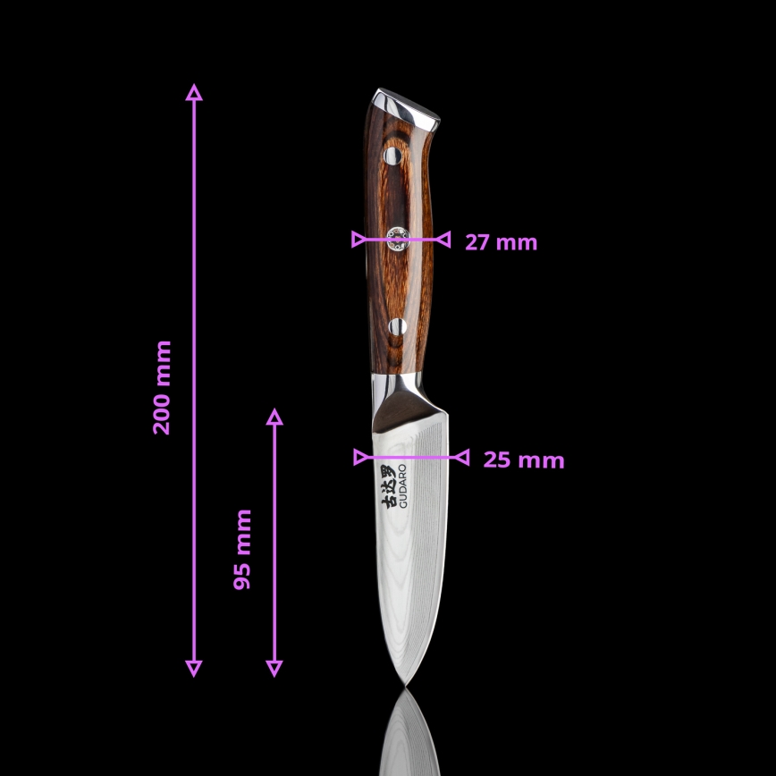 Gudaro - SET 1x damast koksmes FENG 8, 67-laags damaststaal, lengte 20 cm + 1x damast Santokumes FENG 7,5, 67-laags damaststaal, lengte 18 cm + 1x GRATIS damast schilmes FENG 3,5, 67-laags damaststaal, lengte 9,5 cm