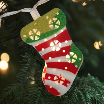 Guirlande de Noël extérieure 10 × LED, alimentation 2 × piles AA, 1,65 m, IP44, blanc chaud, en forme de chaussettes