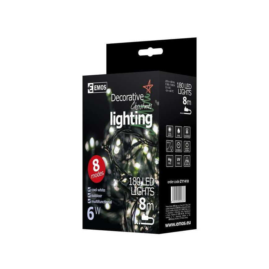 Guirlande de noël extérieure CHAIN 180xLED/8 fonctions 8m IP44 blanc froid