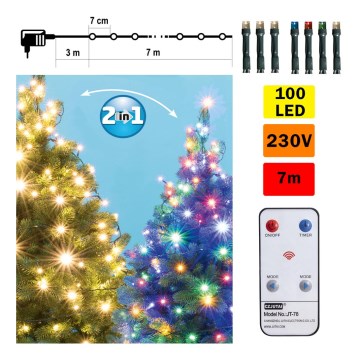 Guirlande de Noël LED extérieur 100xLED 10m IP44 blanc chaud/multicolore + télécommande