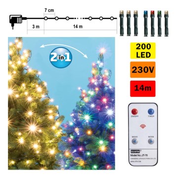 Guirlande de Noël LED extérieur 200xLED 17m IP44 blanc chaud/multicolore + télécommande