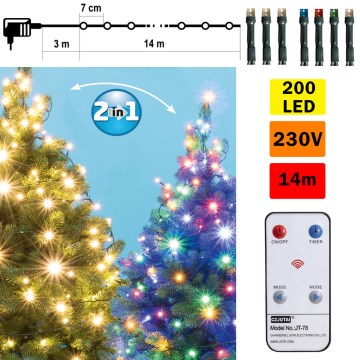 Guirlande de Noël LED extérieur 200xLED 17m IP44 blanc chaud/multicolore + télécommande