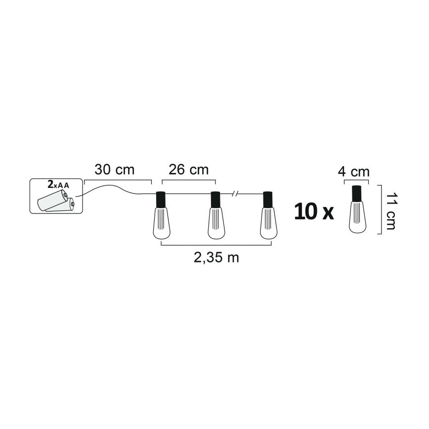 Guirlande décorative LED EDISON 2,65 m 10 LED / 2 piles AA