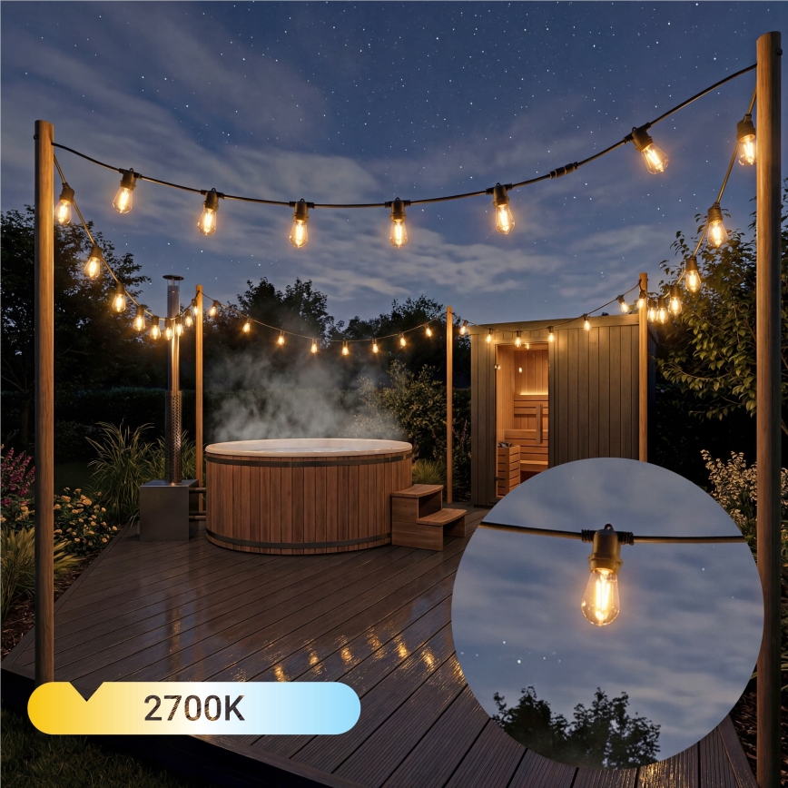 Guirlande décorative solaire LED à intensité variable 10xE27/0,3W/3/5V USB 2400 mAh 10,62 m IP65 noire + télécommande