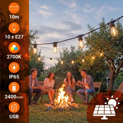 Guirlande décorative solaire LED à intensité variable 10xE27/0,3W/3/5V USB 2400 mAh 10,62 m IP65 noire + télécommande