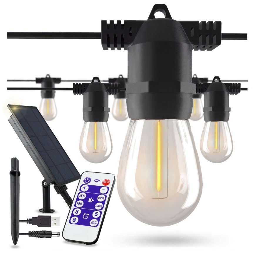 Guirlande décorative solaire LED à intensité variable 10xE27/0,3W/3/5V USB 2400 mAh 10,62 m IP65 noire + télécommande