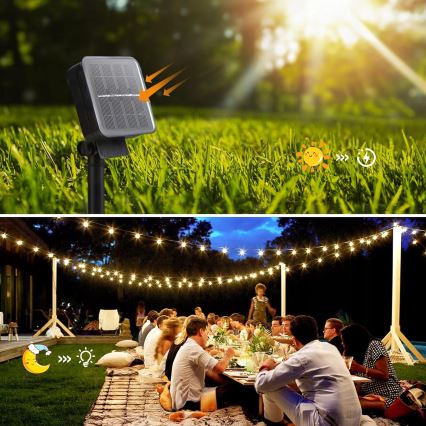 Guirlande solaire décorative 30 LED — 8 fonctions, batterie 500 mAh, 10,6 m, IP67, blanc chaud